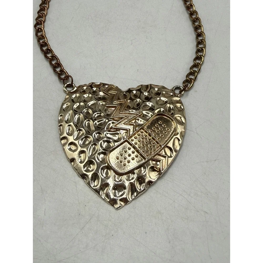 Gold Tone Mended Heart Bandage Hammered Statement Necklace Large Pendant
